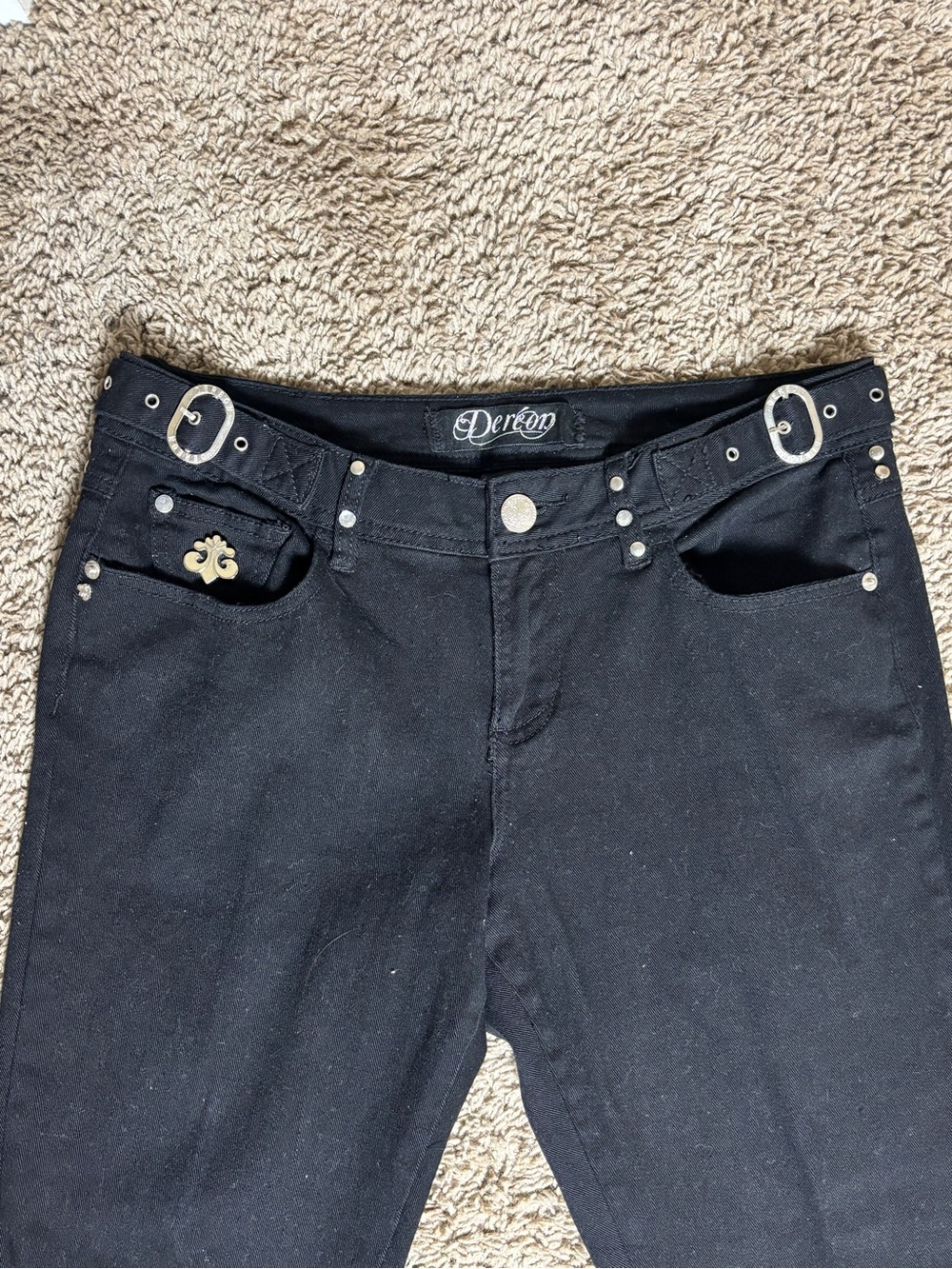 Dereon Black Straight Leg Jeans Size 11/12 Studded Embellished Y2K Low Rise - Picture 4 of 6